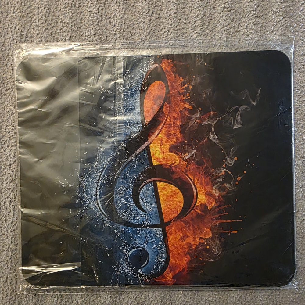 Music-Themed Treble Clef Mouse Pad in Black with Blue & Orange Flame Accent
